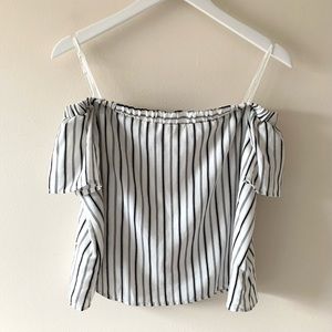 Doe & Rae Striped Off the Shoulder Cropped Top White Size Medium M